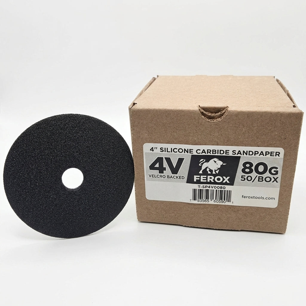 T-SP4V0080 FEROX 4" SILICONE CARBIDE SANDPAPER VELCRO BACKED 80G - 50/BOX