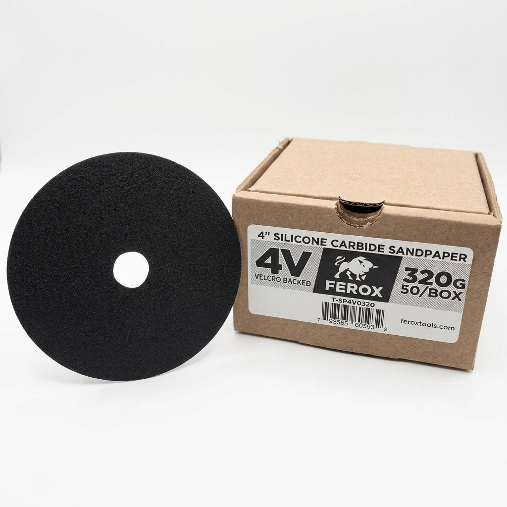 T-SP4V0320 FEROX 4" SILICONE CARBIDE SANDPAPER VELCRO BACKED 320G - 50/BOX